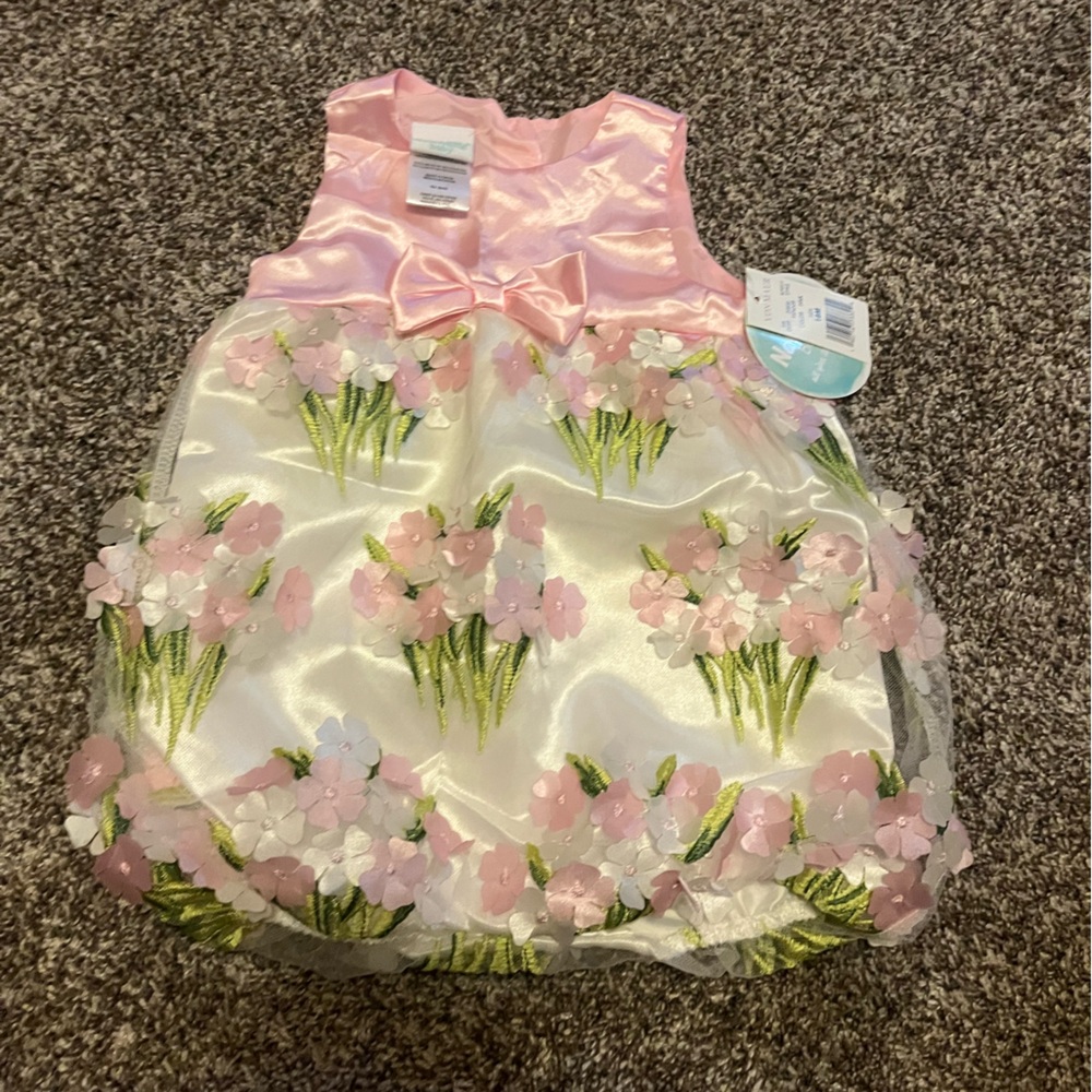 NEW Nannette Baby One Piece Dress Pink Satin Embroidered Flowers Netted 18 Month